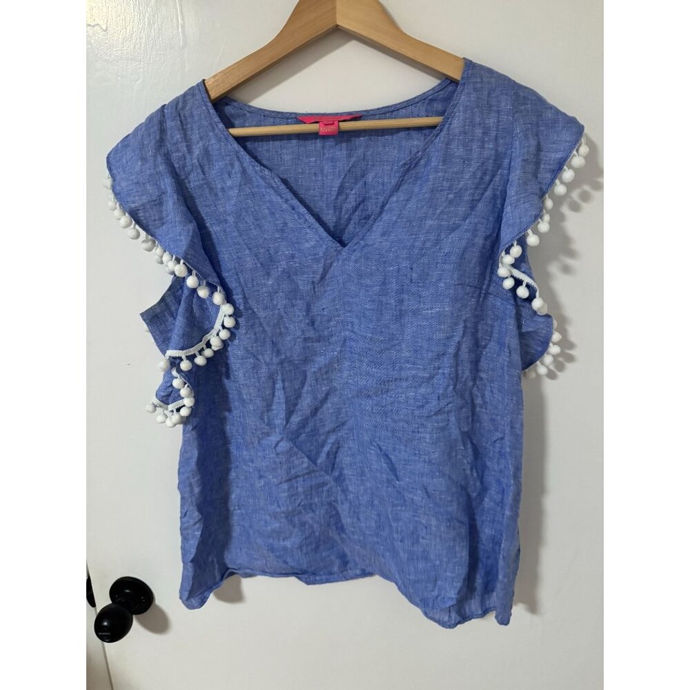 Lilly Pulitzer Womens Blue Pom Pom Trim Linen Blouse Size S
